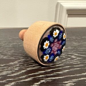 Millefiori Glass/Wood Decanter Stopper Red/Blue/White Flowers